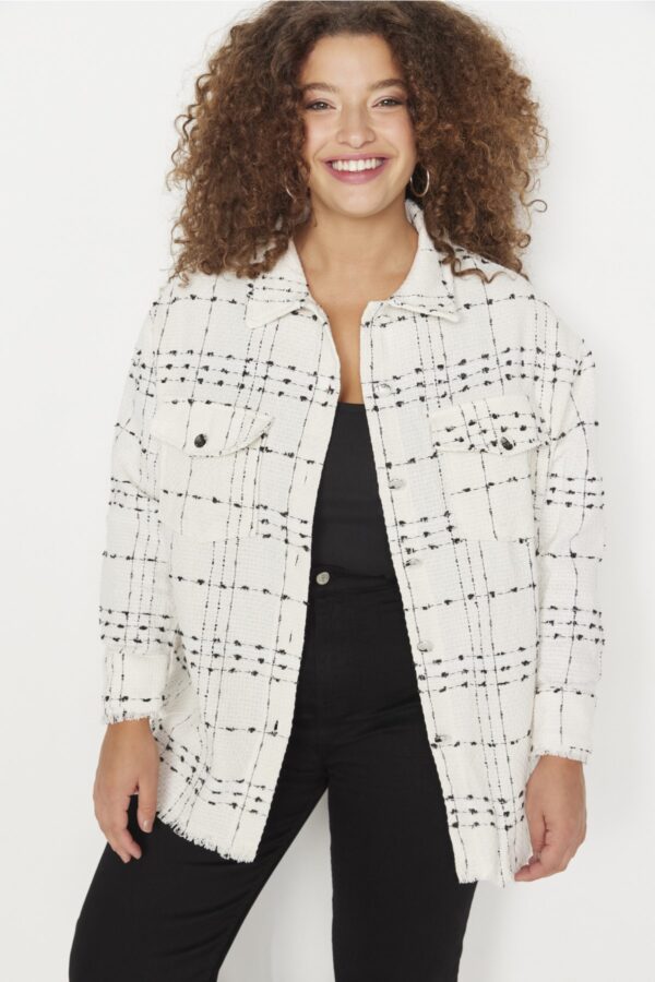 Trendyol Curve White Tweed Long Sleeve Winter Woven Plus Size Shirt/Jacket