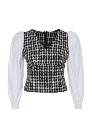 Trendyol Curve White V-Neck Tweed Patterned Long Sleeve Blouse