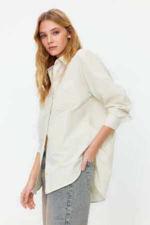 Trendyol Dark Beige Single Pocket Boyfriend Woven Cotton Shirt