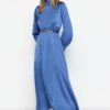 Trendyol Dark Blue Collar and Cuff Draped Detail Belted Woven Evening Dress