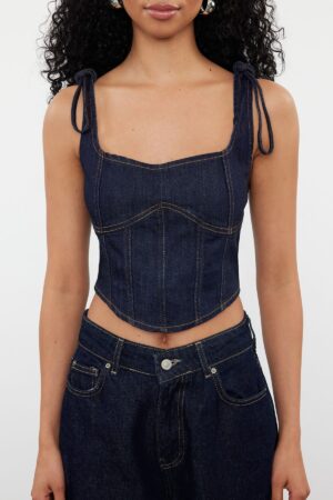 Trendyol Dark Blue Corset Look Denim Bustier with Tie Detail Trendyol Dark Blue Corset Look Denim Bustier with Tie Detail
