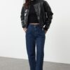 Trendyol Dark Blue Elastic Waist High Waist Straight Jeans