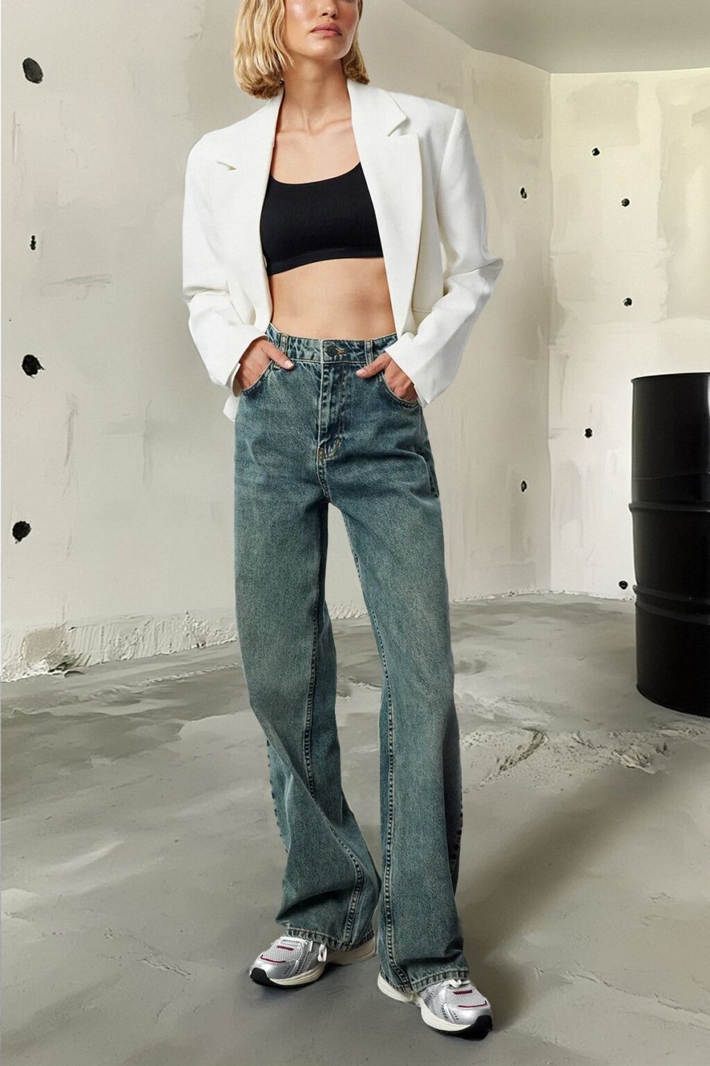 Trendyol Dark Blue Faded Effect Vintage High Waist Wide Leg Jeans