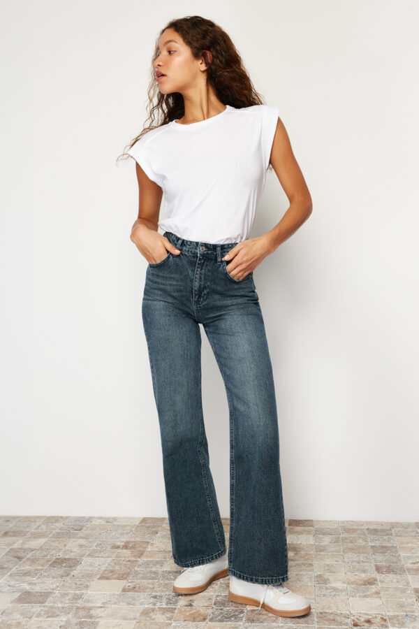 Trendyol Dark Blue Faded Effect Vintage High Waist Wide Leg Jeans