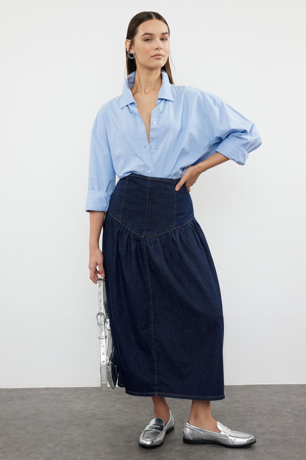 Trendyol Dark Blue Flounce Maxi Denim Skirt