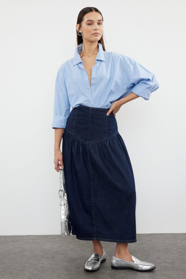 Trendyol Dark Blue Flounce Maxi Denim Skirt