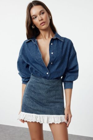 Trendyol Dark Blue More Sustainable Lace Detail Mini Denim Skirt