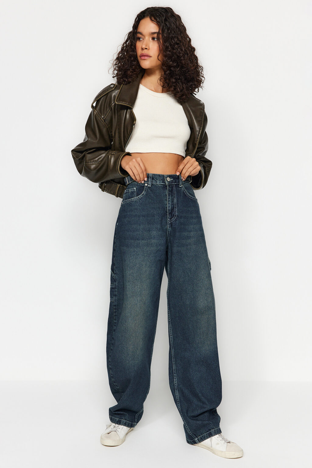 Trendyol Dark Blue More Sustainable Wash Effect Loose Cut High Waist Carpenter Skater Jeans