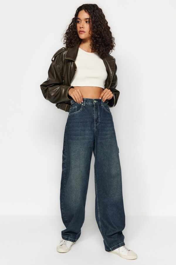 Trendyol Dark Blue More Sustainable Wash Effect Loose Cut High Waist Carpenter Skater Jeans