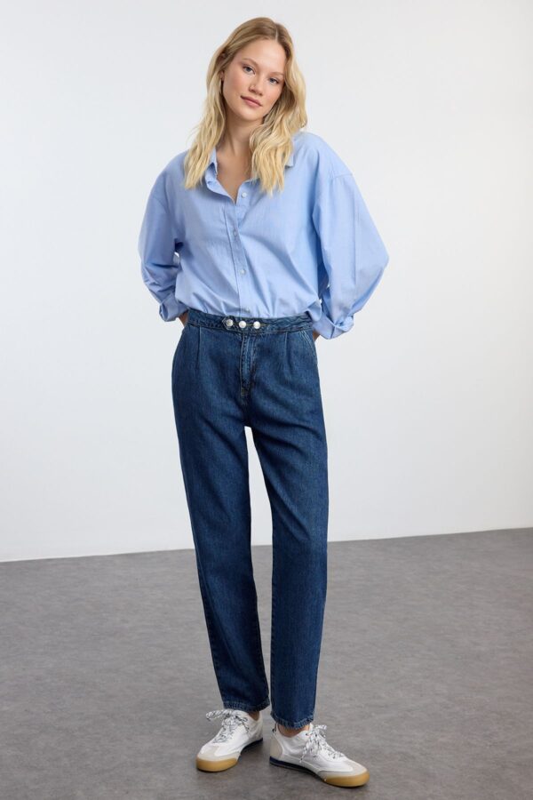 Trendyol Dark Blue Premium Button Detailed High Waist Mom Jeans