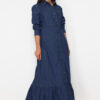 Trendyol Dark Blue Ruffle Hem Maxi Modest Denim Shirt Dress