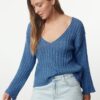 Trendyol Dark Blue Wool Wide Fit Crop Basic Knitwear Sweater