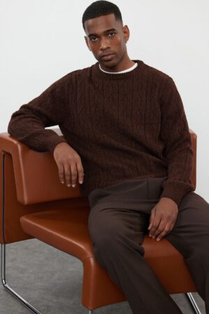 Trendyol Dark Brick Regular Crew Neck Textured Knitwear Sweater