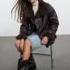 Trendyol Dark Brown Collar Belt Detailed Plush Suede Biker Jacket Coat