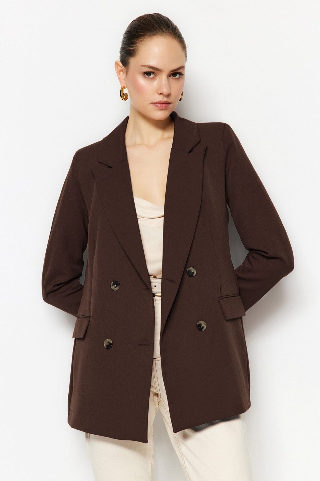 Trendyol Dark Brown Lined Double Breasted Woven Blazer Jacket