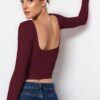 Trendyol Dark Burgundy Cotton Backless Fitted/Fits Body Flexible Knitted Blouse