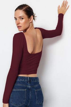 Trendyol Dark Burgundy Cotton Backless Fitted/Fits Body Flexible Knitted Blouse