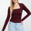 Trendyol Dark Burgundy Cotton Elastic Square Neck Fitted/Fits Body Flexible Blouse