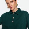 Trendyol Dark Emerald Green Thessaloniki/Knitwear Look Regular Fit Buttoned Knitted Sweatshirt
