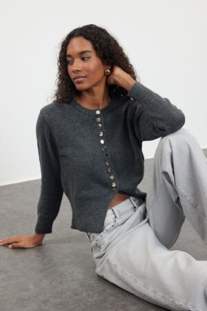 Trendyol Dark Gray Basic Buttoned Jacket Look Knitwear Cardigan