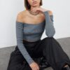 Trendyol Dark Gray Fitted Super Crop Carmen Collar Ribbed Stretch Knitted Blouse