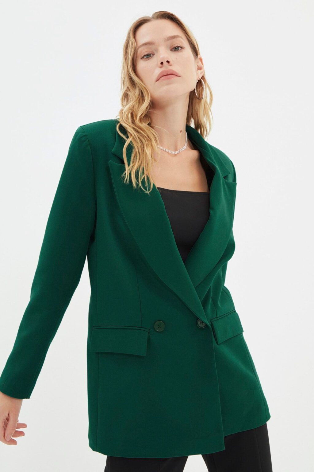 Trendyol Dark Green Lined Double Breasted Woven Blazer Jacket