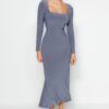Trendyol Dark Grey Flounce Square Neck Fitted/Slide Maxi Stretch kötött ruha