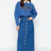 Trendyol Dark Indigo Double Pocket Button Front High Waist Maxi Denim Jeans Skirt