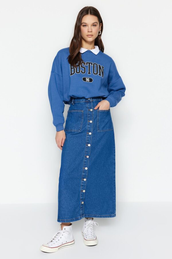 Trendyol Dark Indigo Double Pocket Button Front High Waist Maxi Denim Jeans Skirt
