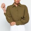 Trendyol Dark Khaki Balloon Sleeve Cotton Woven Shirt
