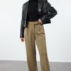Trendyol Dark Khaki Velcro Closure High Waist Pleated Wide Leg/Wide Cut Trousers
