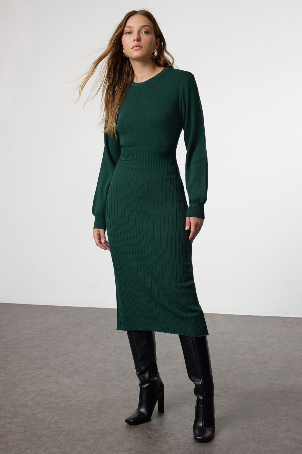 Trendyol Dark Midi Knit A-Line Form Fit Dress