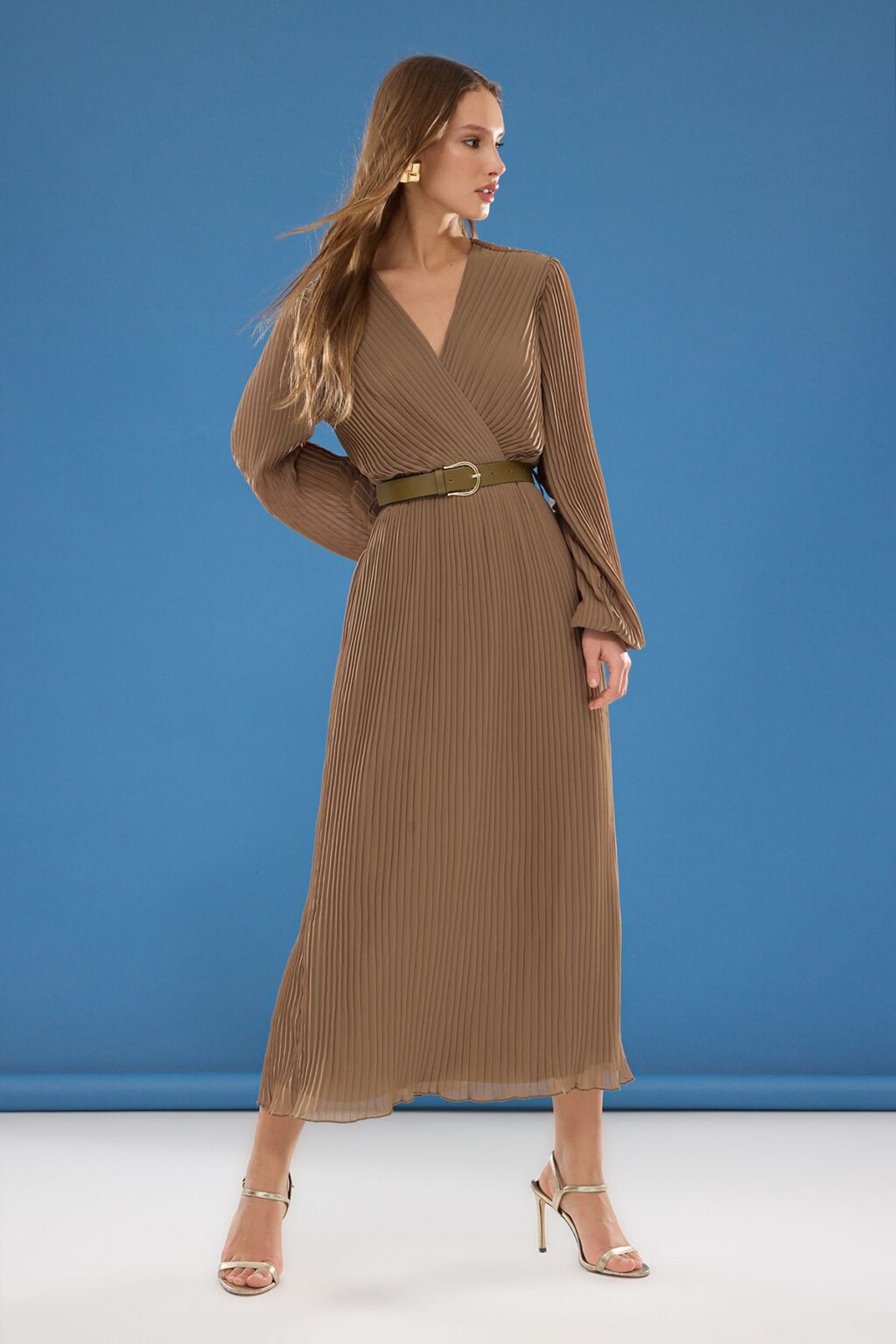 Trendyol Dark Mink Belted A-Line Pleated Maxi Lined Chiffon Woven Dress
