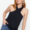 Trendyol Dark Navy Collar Detailed Wrapped/Textured Knitted Blouse