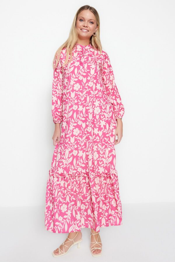 Trendyol Dark Pink Floral Half Pat Hem Frilly Lined Woven Dress