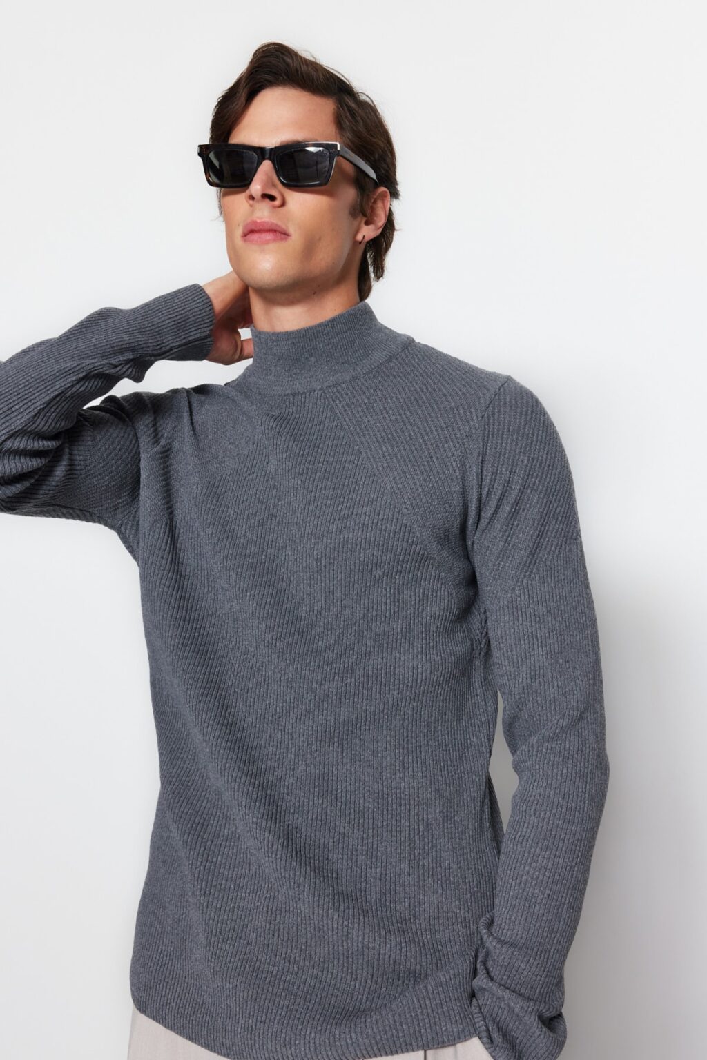 Trendyol Dark Unisex Fitted Slim Fit Cotton Half Turtleneck Ribbed Knitwear Sweater