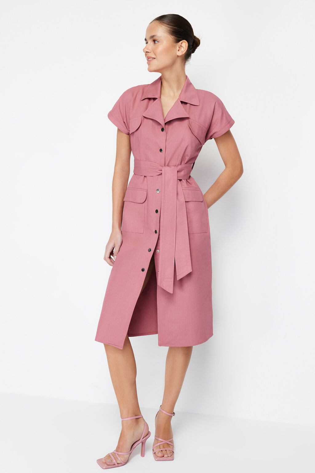 Trendyol Dried Rose Belted Wide Fit Gabardine Midi Shirt Dress