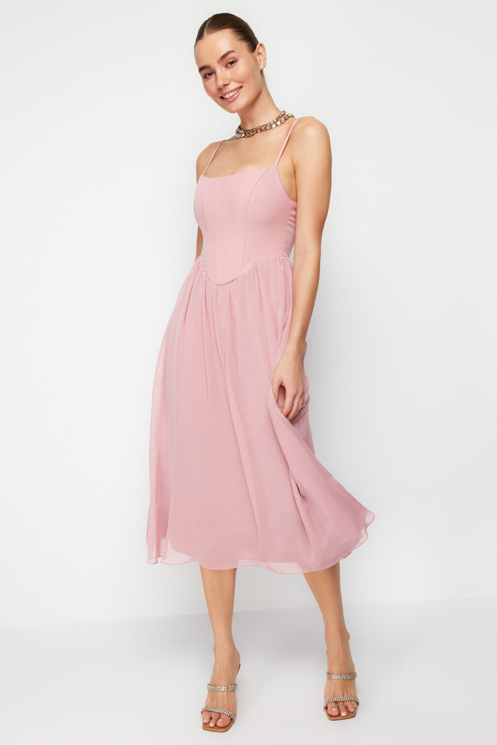 Trendyol Dusty Rose A-Line Lined Corset Detailed Woven Tulle Elegant Evening Dress