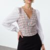 Trendyol Dusty Rose Crop Fitted Tweed Woven Blouse
