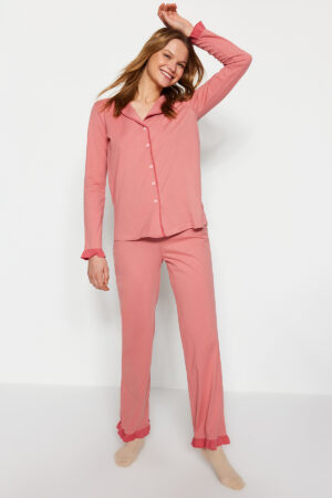 Trendyol Dusty Rose Ruffled Shirt-Pants Knitted Pajama Set