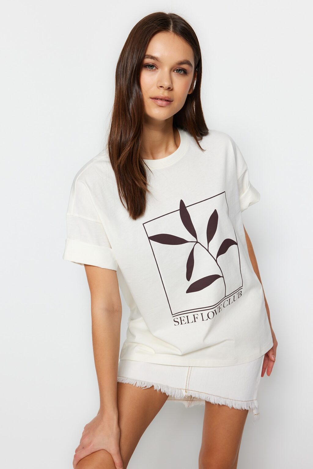 Trendyol Ecru 100% Cotton Printed Relaxed/Wide