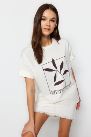 Trendyol Ecru 100% Cotton Printed Relaxed/Wide