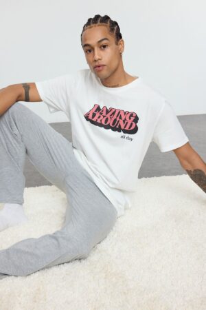 Trendyol Ecru 100% Cotton Regular Fit Printed Knitted Pajama Set