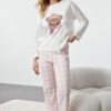 Trendyol Ecru 100% Cotton Teddy Bear Plaid Knitted Pajama Set