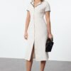 Trendyol Ecru Accessory Detailed Midi Tweed Woven Winter Shirt Dress
