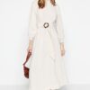 Trendyol Ecru Belted High Neck Linen Look Woven Dress