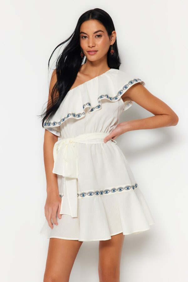 Trendyol Ecru Belted Mini Weave Stripe Accessoried One-Shoulder 100% Cotton Beach Dress