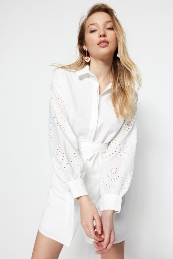Trendyol Ecru Belted Mini Woven Brode Sleeve Detailed Woven Dress