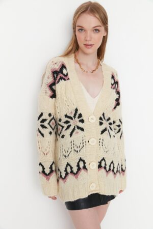Trendyol Ecru Button Részletes kötöttáru kardigán Trendyol Ecru Button Részletes kötöttáru kardigán