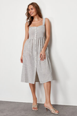 Trendyol Ecru Buttoned Striped Linen Look Midi Woven Dress